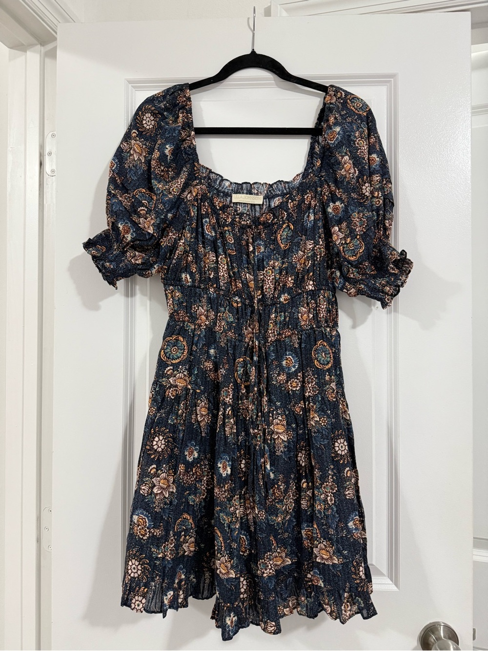 Ulla Johnson Navy Floral Smocked Puff-Sleeve Mini Dress